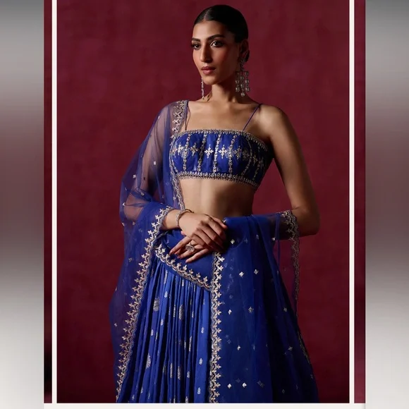 Elegant Royal Blue Embroidered Lehenga - Picture 4 of 13